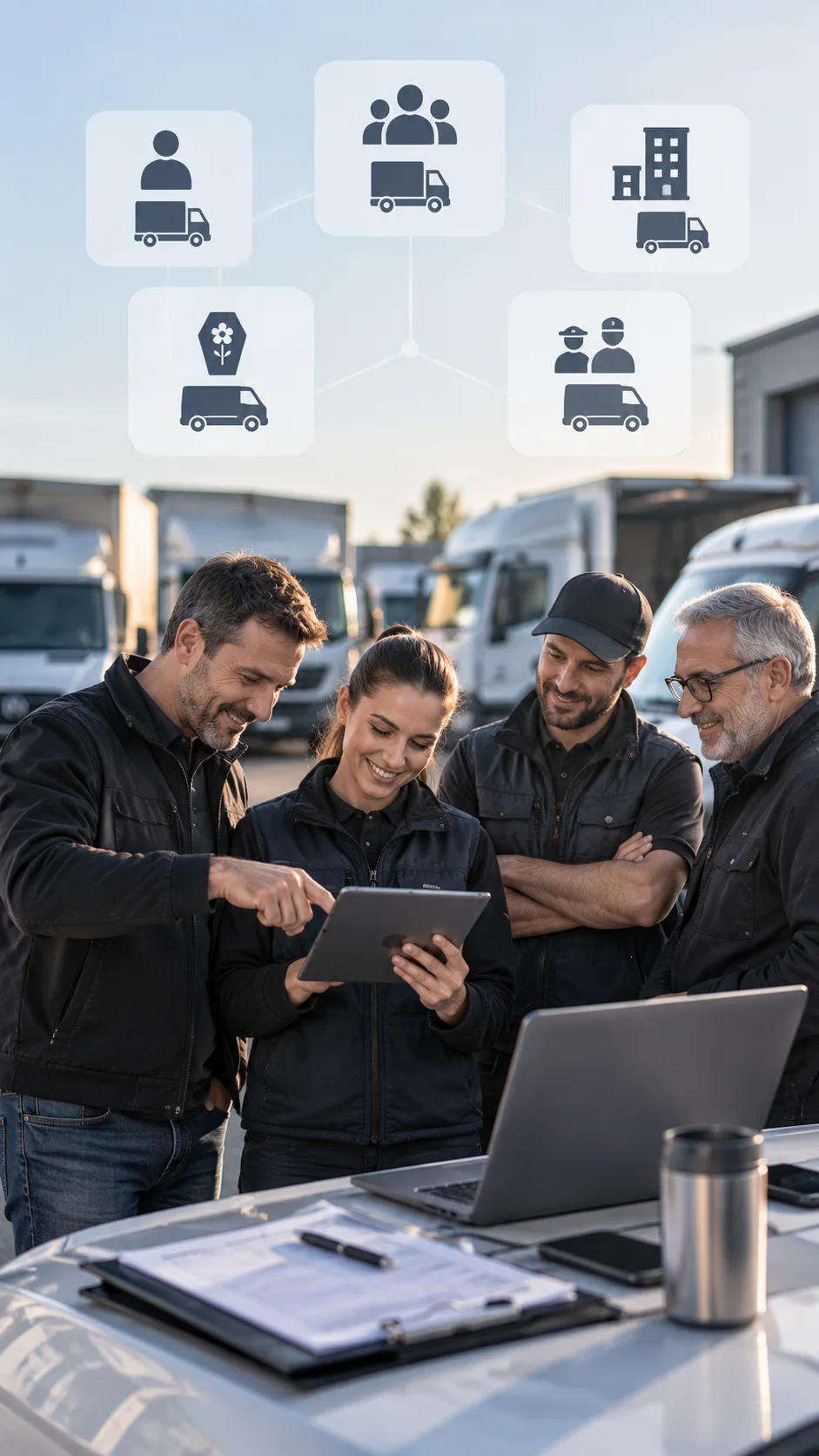 Petite équipe de transporteurs réunie autour de son planning opérationnel