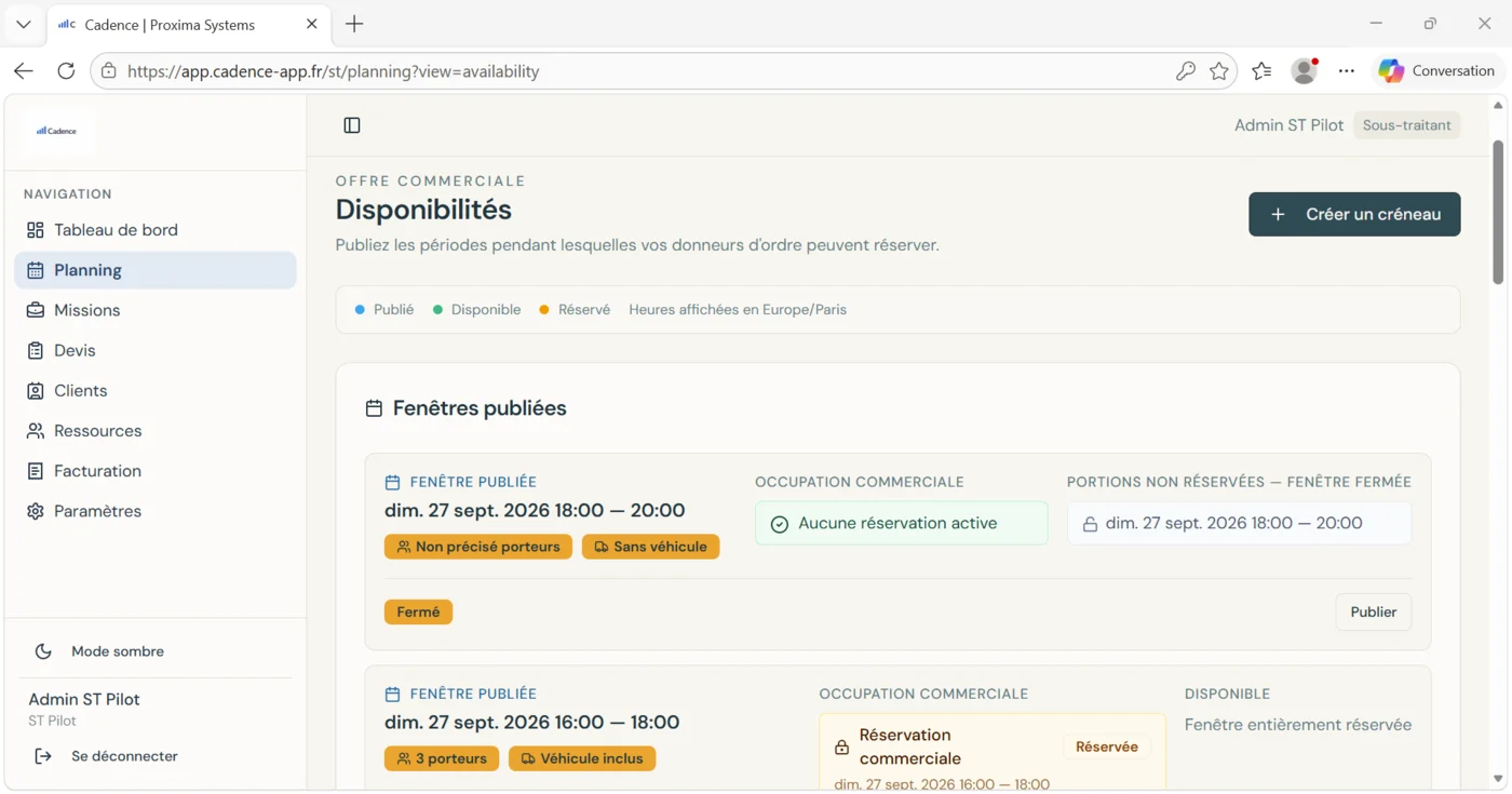 Écran Cadence de publication des disponibilités pour les donneurs d’ordre