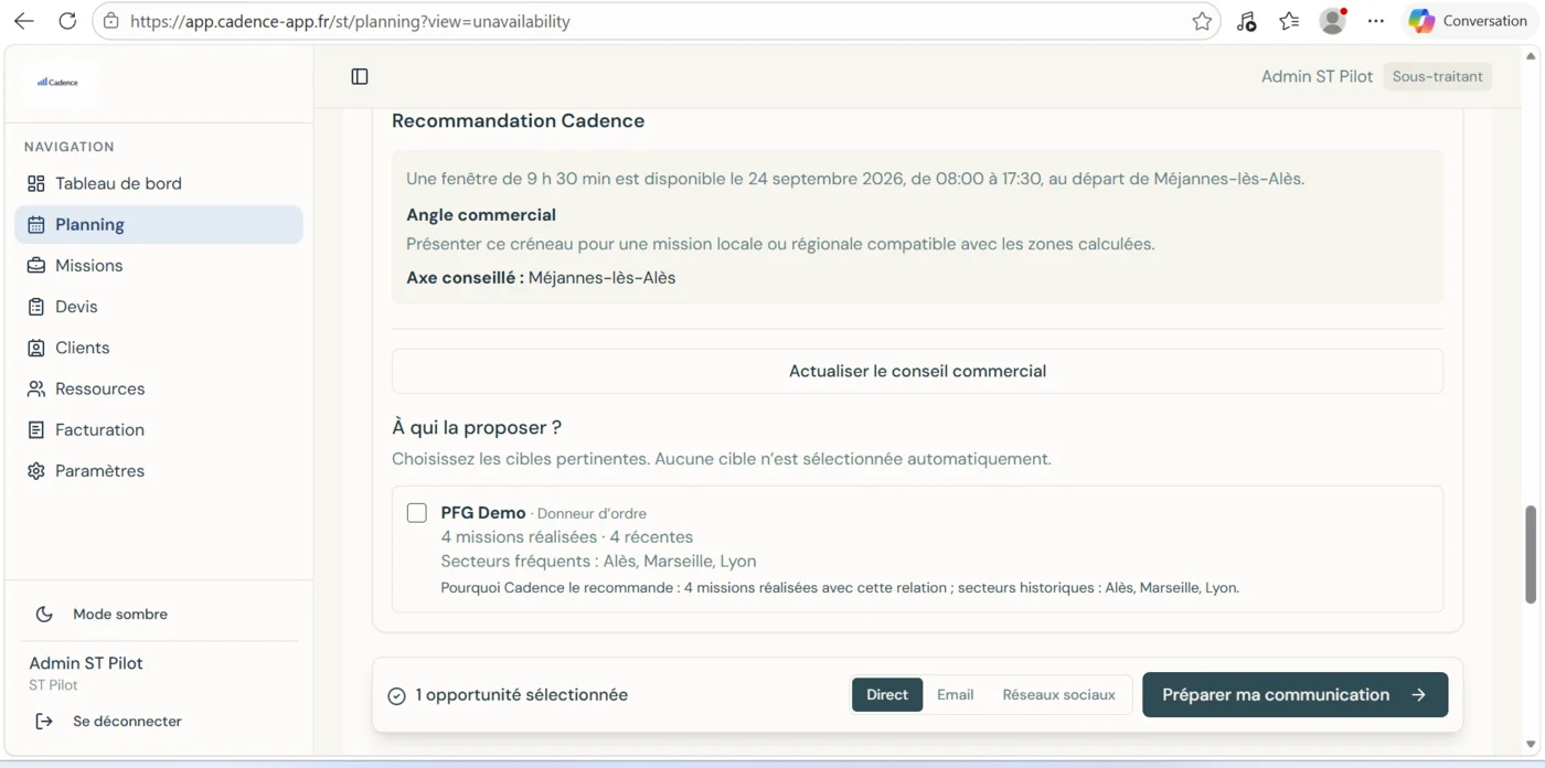 Recommandation et préparation d’une communication commerciale avec Cadence