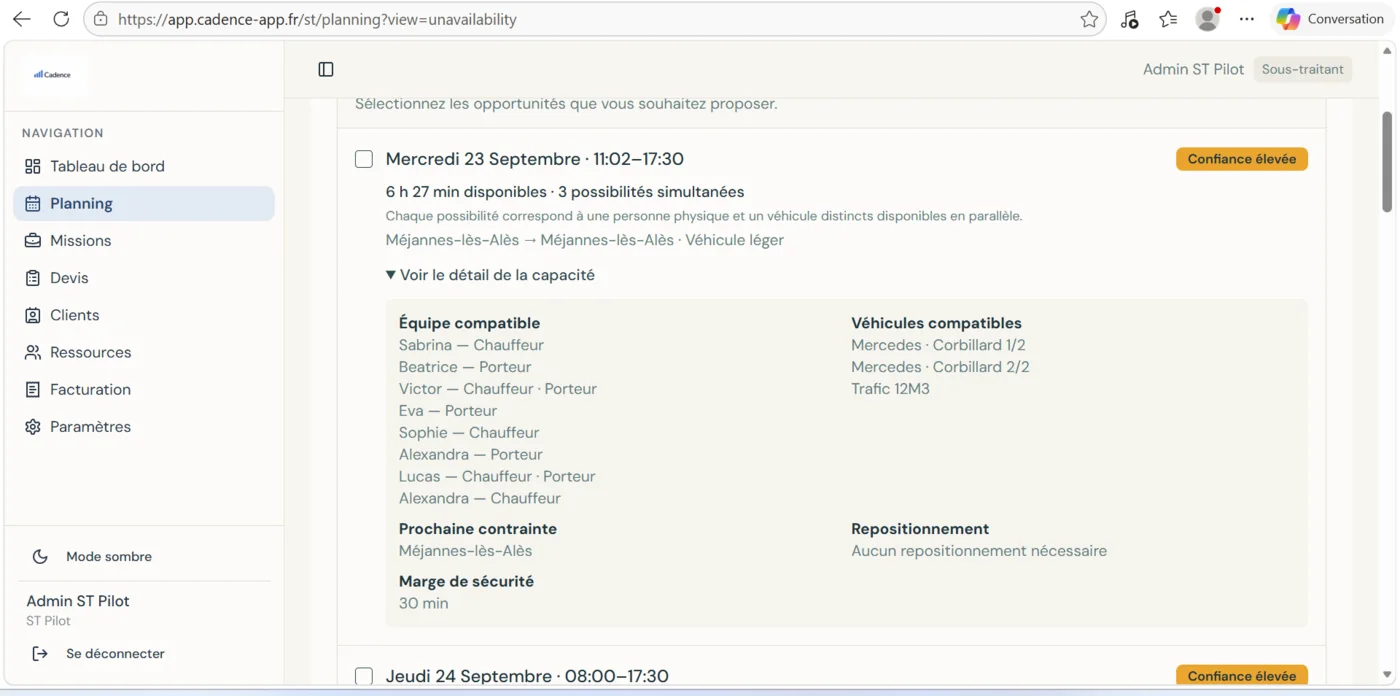 Détail des équipes et véhicules compatibles avec une capacité disponible Cadence
