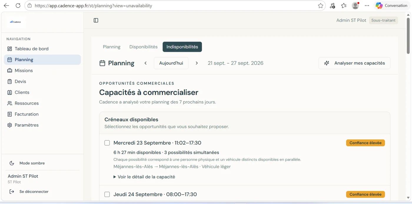 Analyse des capacités disponibles dans le planning transport Cadence