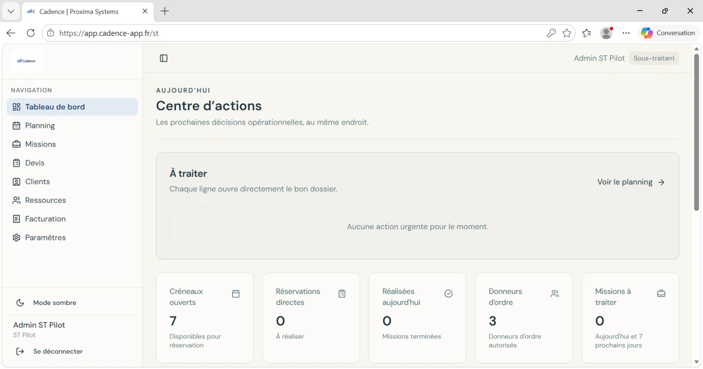 Tableau de bord Cadence présentant les indicateurs opérationnels d’une entreprise de transport