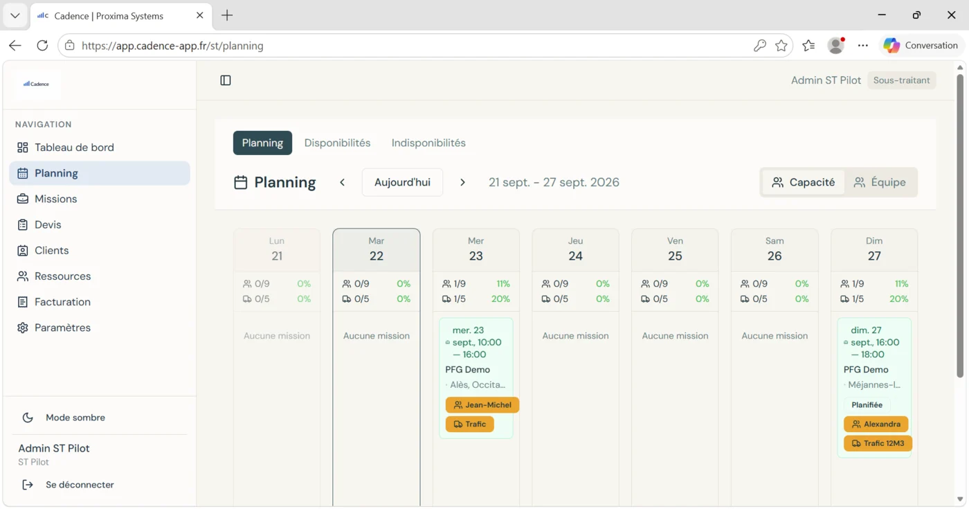 Planning Cadence affichant les missions, les chauffeurs et les véhicules