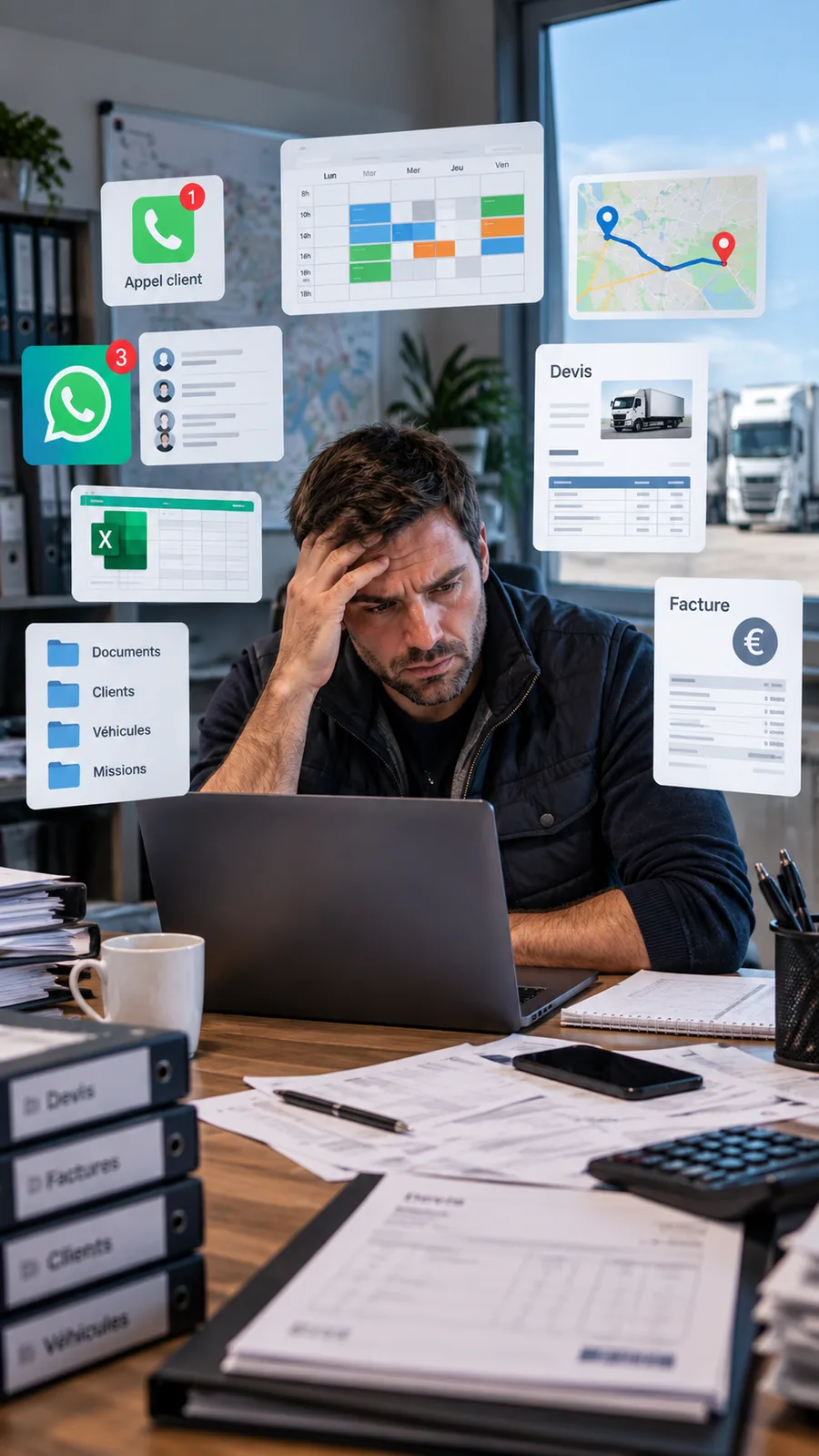 Dirigeant d’une petite entreprise de transport confronté à de nombreux outils de gestion